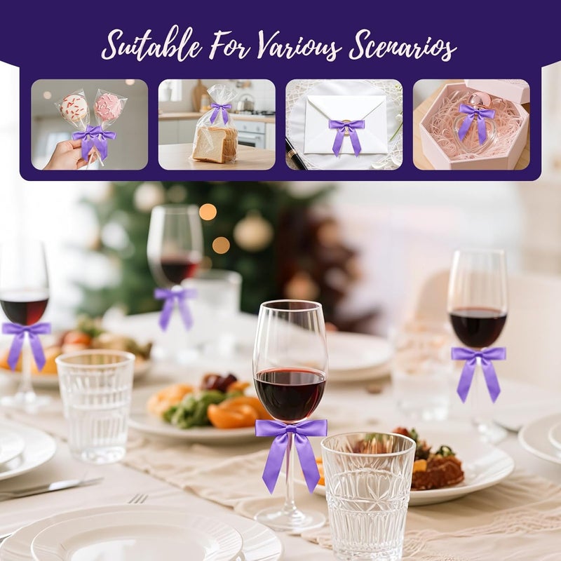 Sokfone Satin Ribbon Purple Bow Decor 2.5" Premade Purple Twist Tie Bows for Gift Wrapping Bow for Treat Bags Party Favors Wedding Decorations - 50 Counts - Image 2